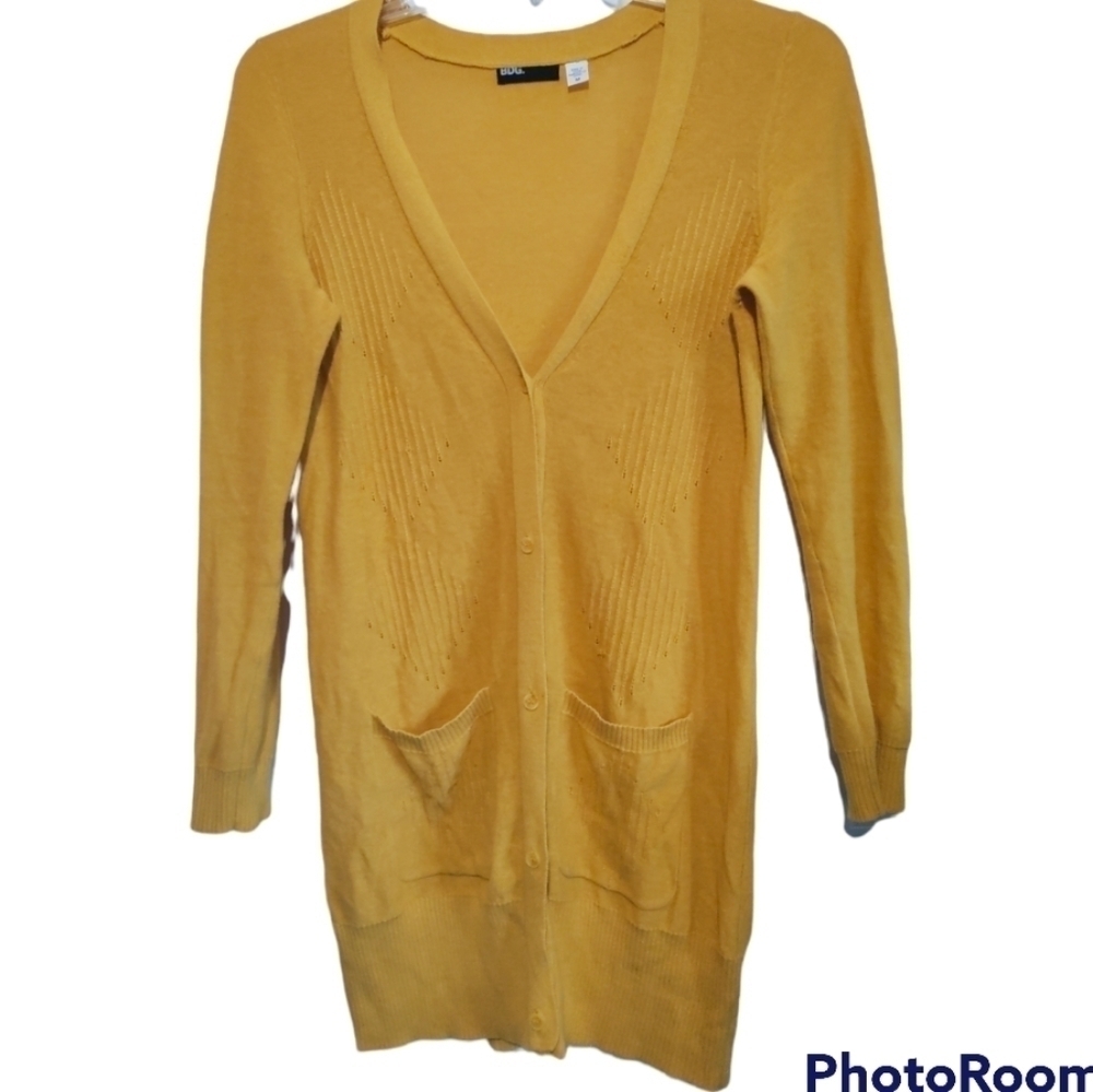BDG. Long dark yellow button front sweater women's medium front pockets